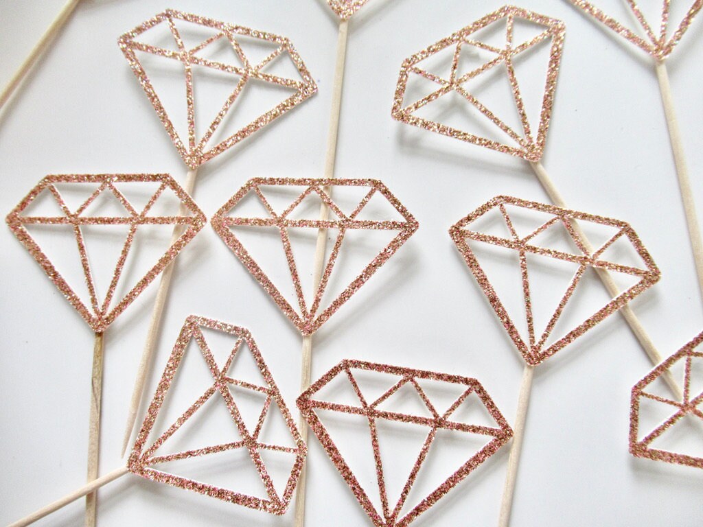 Rose Gold Glitter Diamond Cupcake Toppers/ Rose Gold Bachelorette Party Topper/ Engagement Party Decor/ Diamond Donut Toppers/ A11/ A24