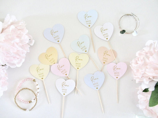 Personalised Bride to Be Hen Party Cupcake Toppers/ Pastel Heart Shaped Party Topper/ Engagement Party Bridal Shower Cupcake/ A11/ A25