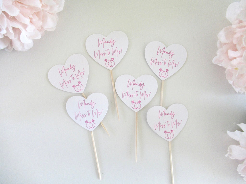 Personalised Miss to Mrs Engagement Party Cupcake Toppers/ Pastel Cake Topper/ Heart Shaped Bridal Shower Party Topper Cake/ A11/ A25