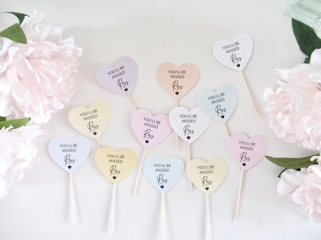 Personalised You Will Be Missed Cupcake Toppers/ Pastel Heart Shaped Sorry Your Leaving Party Topper/ Goodbye Retirement Topper/ A11/ A30