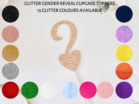 Glitter Gender Reveal Cupcake Toppers/ Baby Boy or Girl Question Mark Topper/ Oh Baby Gender Neutral Theme/ Rustic Glitter Topper/ A11/ A28