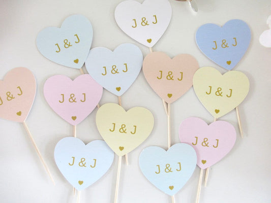 Personalised Wedding Party Cupcake Toppers/ Pastel Wedding Reception Heart Shaped Bridal Party Topper/ Engagement Cake/ Anniversary Party