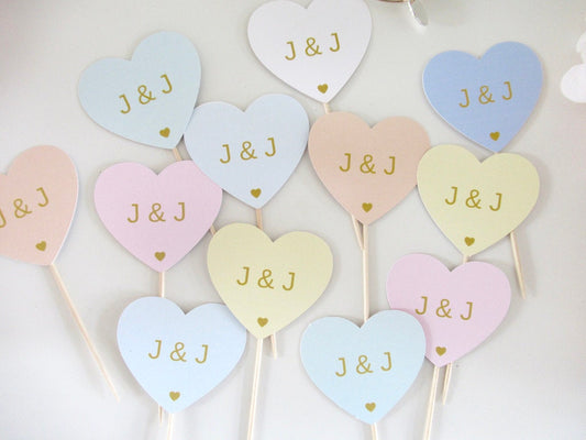 Personalised Wedding Party Cupcake Toppers/ Pastel Heart Shaped Bridal Party Topper/ Engagement Cake/ Anniversary Topper Party/ A11/ A25