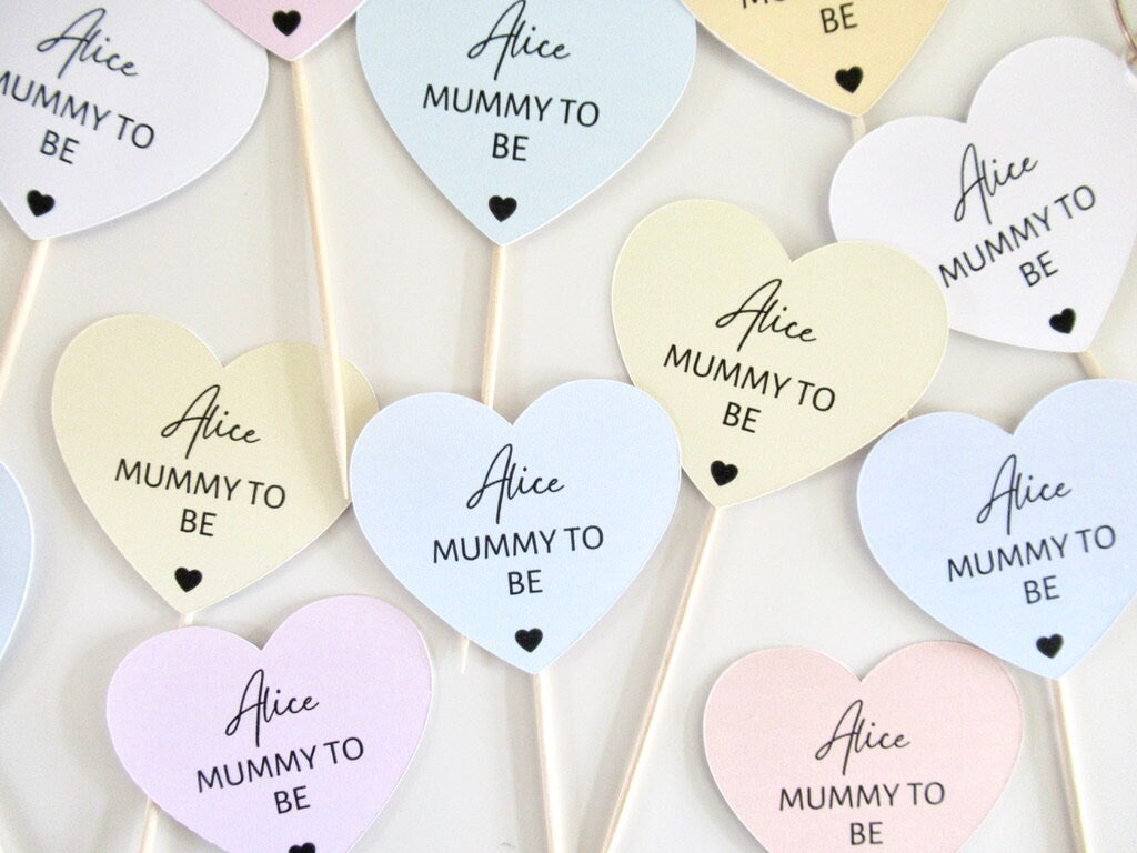 Personalised Mummy to Be Baby Shower Cupcake Toppers/ Pastel Heart Shaped Toppers/ Gender Neutral/ Reveal Party/ Mum to Be Topper/ A11/ A28