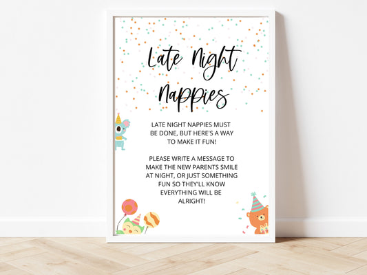 Late Night Nappies Sign/ Animal Theme Nappy Thoughts Sign/ Baby Shower Late Night Diapers Sign/ Gender Reveal/ Neutral Party Shower Sign