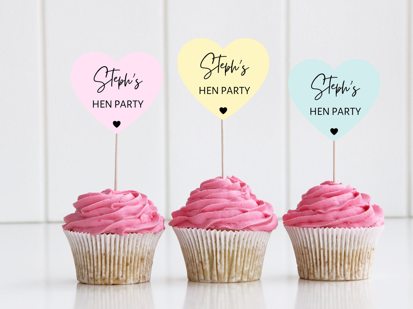 Personalised Hen Party Cupcake Toppers/ Pastel Heart Shaped Bridal Party Topper/ Wedding Cake/ Bridal Shower Cupcake Topper Party/ A11/ A25