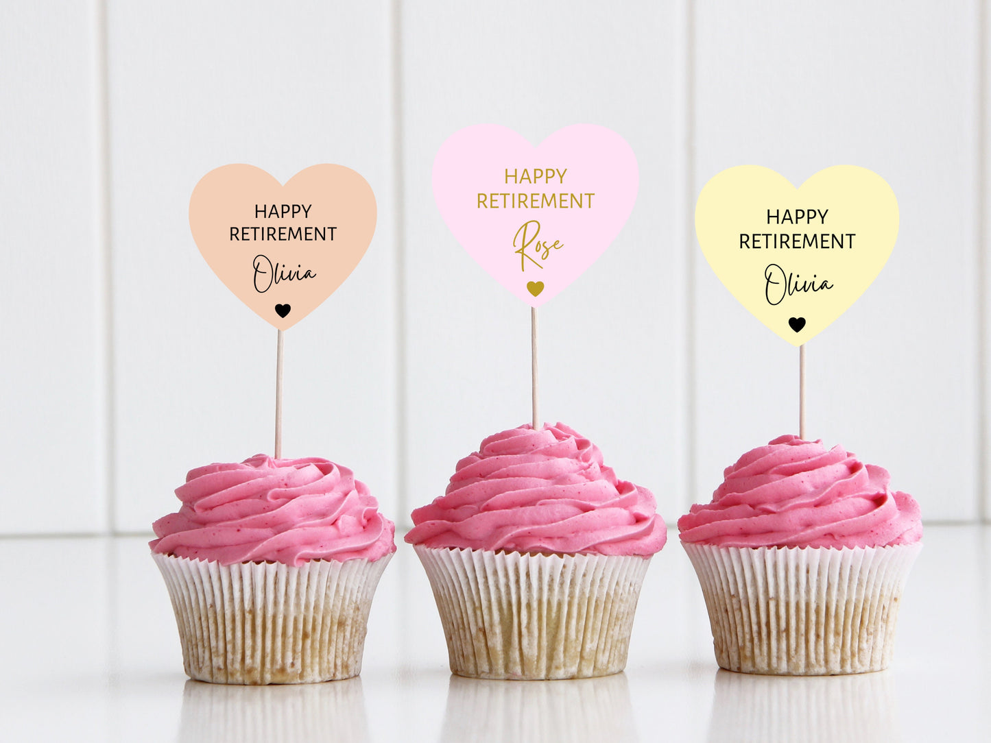 Personalised Retirement Cupcake Toppers/ Pastel Heart Shaped Sorry Your Leaving Party/ Retirement Goodbye/ You Will Be Missed/ A11/ A30