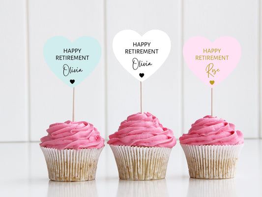 Personalised Retirement Cupcake Toppers/ Pastel Heart Shaped Sorry Your Leaving Party/ Retirement Goodbye/ You Will Be Missed/ A11/ A30