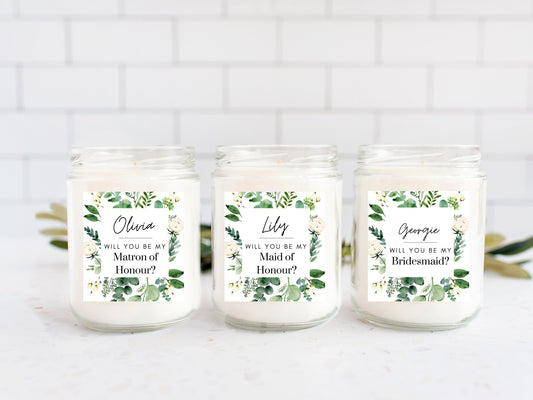 Personalised Greenery Will You Be My Bridesmaid Candle Label/ Botanical Proposal Box Filler/ Bachelorette/ Maid of Honour Label/ A05/ A39