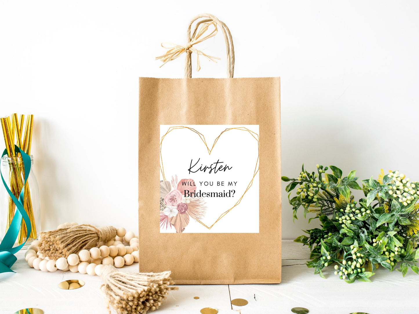 Personalised Matt Gold Pampas Will You Be My Bridesmaid Label/ Pink Blush Proposal Box Filler/ Boho Bachelorette/ Maid of Honour Label/ A05