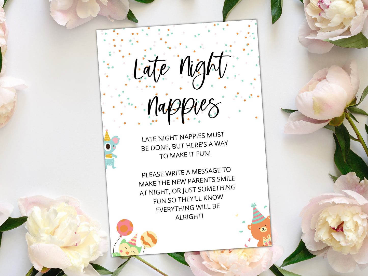 Late Night Nappies Sign/ Animal Theme Nappy Thoughts Sign/ Baby Shower Late Night Diapers Sign/ Gender Reveal/ Neutral Party Shower Sign