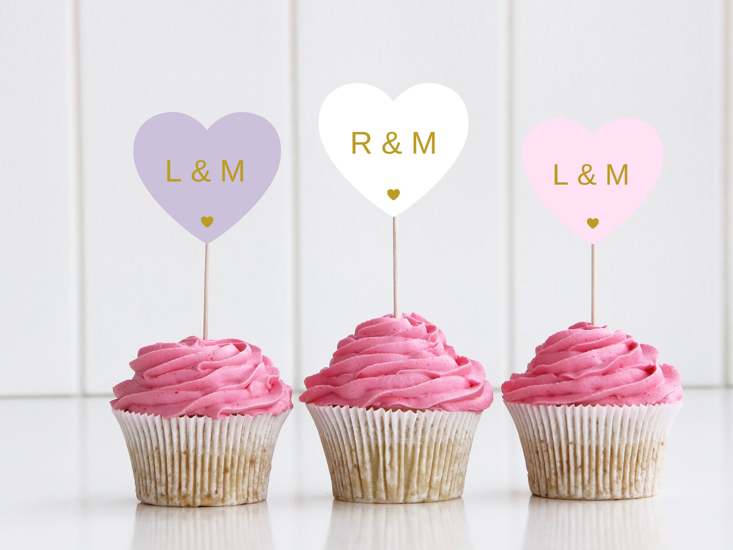 Personalised Wedding Party Cupcake Toppers/ Pastel Wedding Reception Heart Shaped Bridal Party Topper/ Engagement Cake/ Anniversary Party