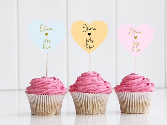 Personalised Mrs to Be Hen Party Cupcake Toppers/ Pastel Heart Shaped Bridal Party Topper/ Wedding Cake/ Bridal Shower Cupcake/ A11/ A25