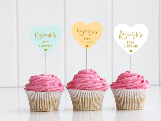 Personalised Baby Shower Cupcake Toppers/ Pastel Heart Shaped Reveal Party/ Gender Neutral/ Reveal Party/ Mum to Be Cake Topper/ A11/ A28