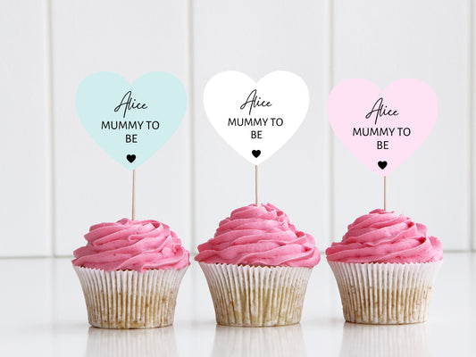 Personalised Mummy to Be Baby Shower Cupcake Toppers/ Pastel Heart Shaped Toppers/ Gender Neutral/ Reveal Party/ Mum to Be Topper/ A11/ A28