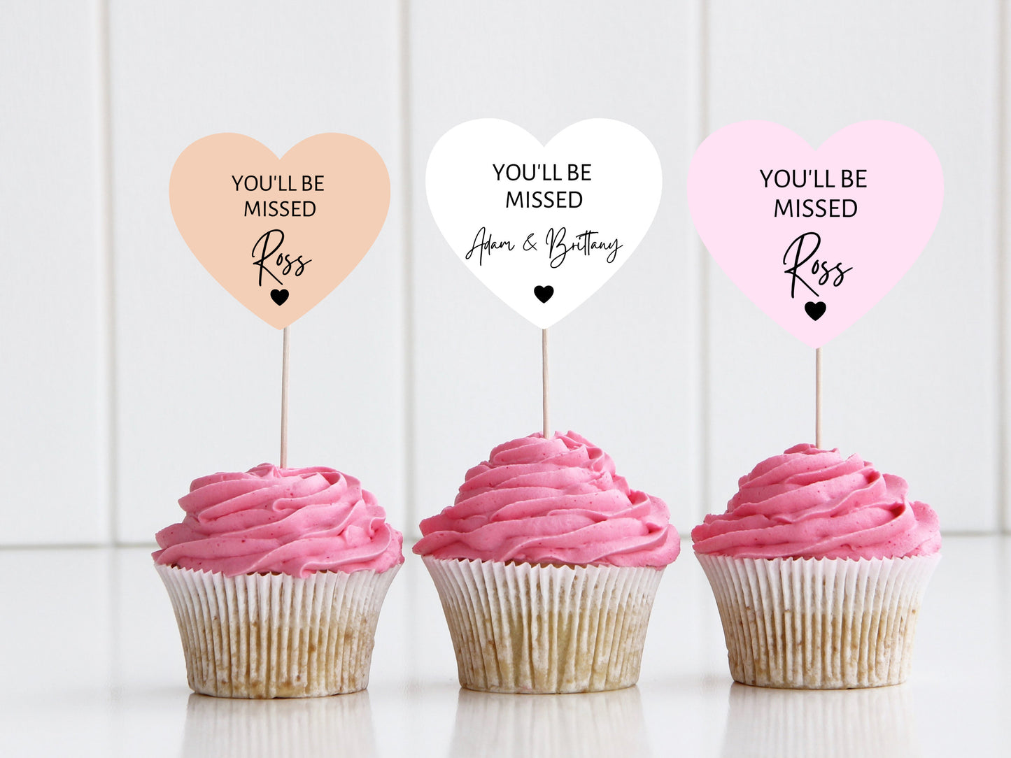 Personalised You Will Be Missed Cupcake Toppers/ Pastel Heart Shaped Sorry Your Leaving Party Topper/ Goodbye Retirement Topper/ A11/ A30