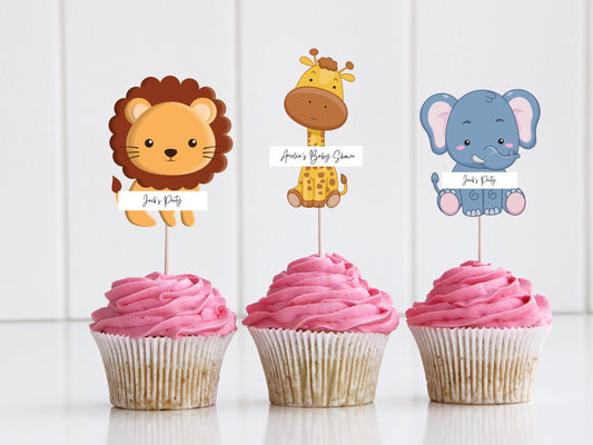 Personalised Safari Animals Cupcake Toppers/ Custom Jungle Theme Party Cupcake Toppers/ Lion/ Monkey/ Giraffe/ Elephant Jungle/ A11/ A23