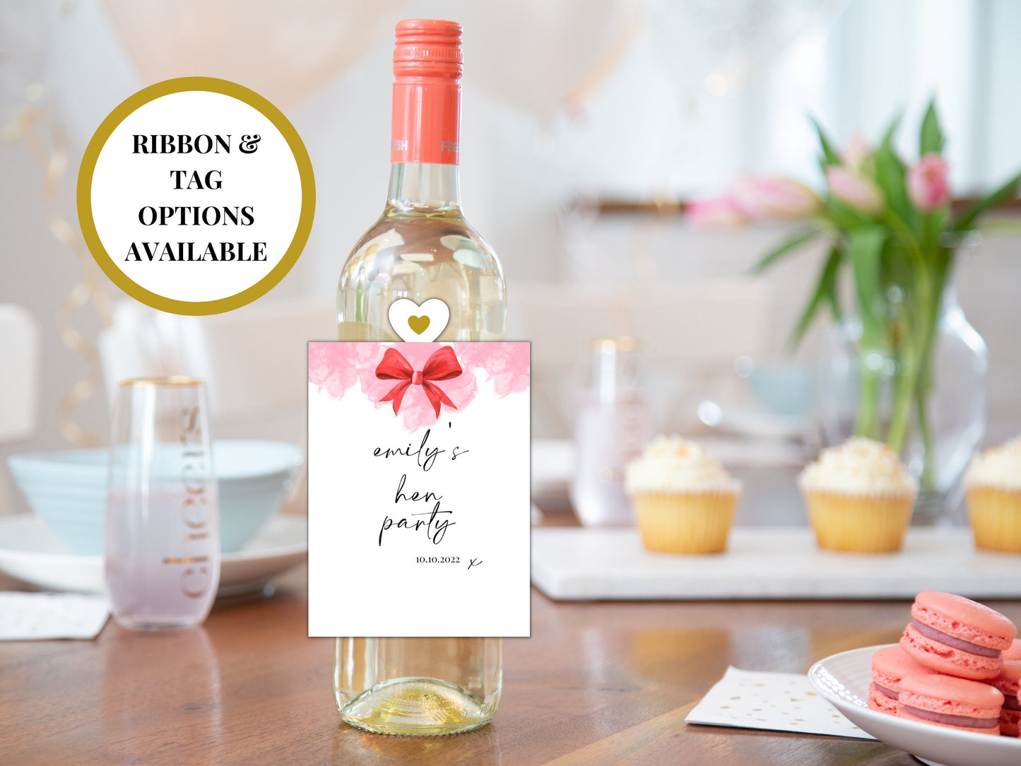 Hen Party Wine Bottle Label/ Personalised Pink Pastel/ Red Bow Hen Do Wine Sticker/ Heart Theme Hen Party Waterproof Sticker Label/ A11