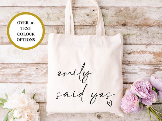 Personalised She Said Yes Hen Party Tote Bag/ Bridal Party Bag/ Gift for Bridal Shower/ Wedding Keepsake Bag/ Bridesmaid Proposal Box Filler