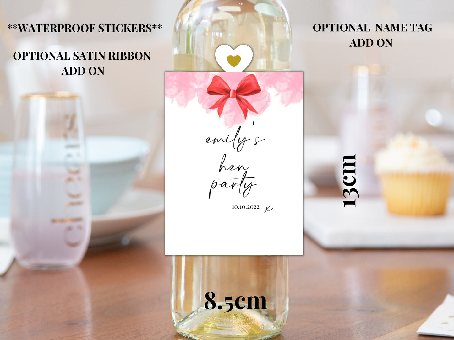 Hen Party Wine Bottle Label/ Personalised Pink Pastel/ Red Bow Hen Do Wine Sticker/ Heart Theme Hen Party Waterproof Sticker Label/ A11