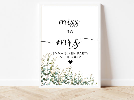 Miss to Mrs Station Print/ Eucalyptus Kiss the Miss Goodbye/ Greenery Cocktail/ Floral Selfie Station/ Bride to Be Party Sign/ Hen Do Decor