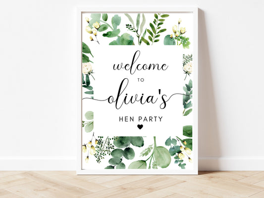 Hen Party Welcome Sign/ Bridal Shower Guest Signage/ Eucalyptus Floral Minimalist Bachelorette Bridal Party Print/ Greenery Hen Do Decor