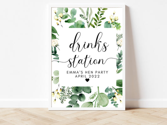 Drinks Station Sign/ Eucalyptus Bar Cocktail Mocktail Print/ Greenery Gin Wine O'Clock Poster/ Floral Bride to Be Party Sign/ Hen Do Decor