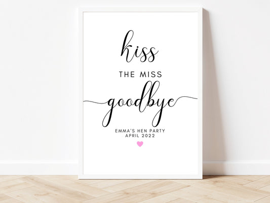 Kiss the Miss Party Sign/ Simple Bridal Shower Heart Sign / Monochrome Photo Booth Fun Sign/ Bride to Be Party Sign/ Wedding Hen Do Decor