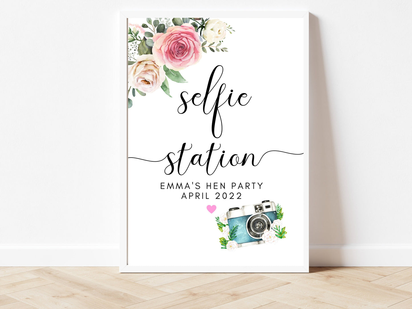 Selfie Party Sign/ Pink Floral Bridal Shower Sign with Heart/ Greenery Photo Booth Fun Sign/ Bride to Be Party Sign/ Wedding Hen Do Decor