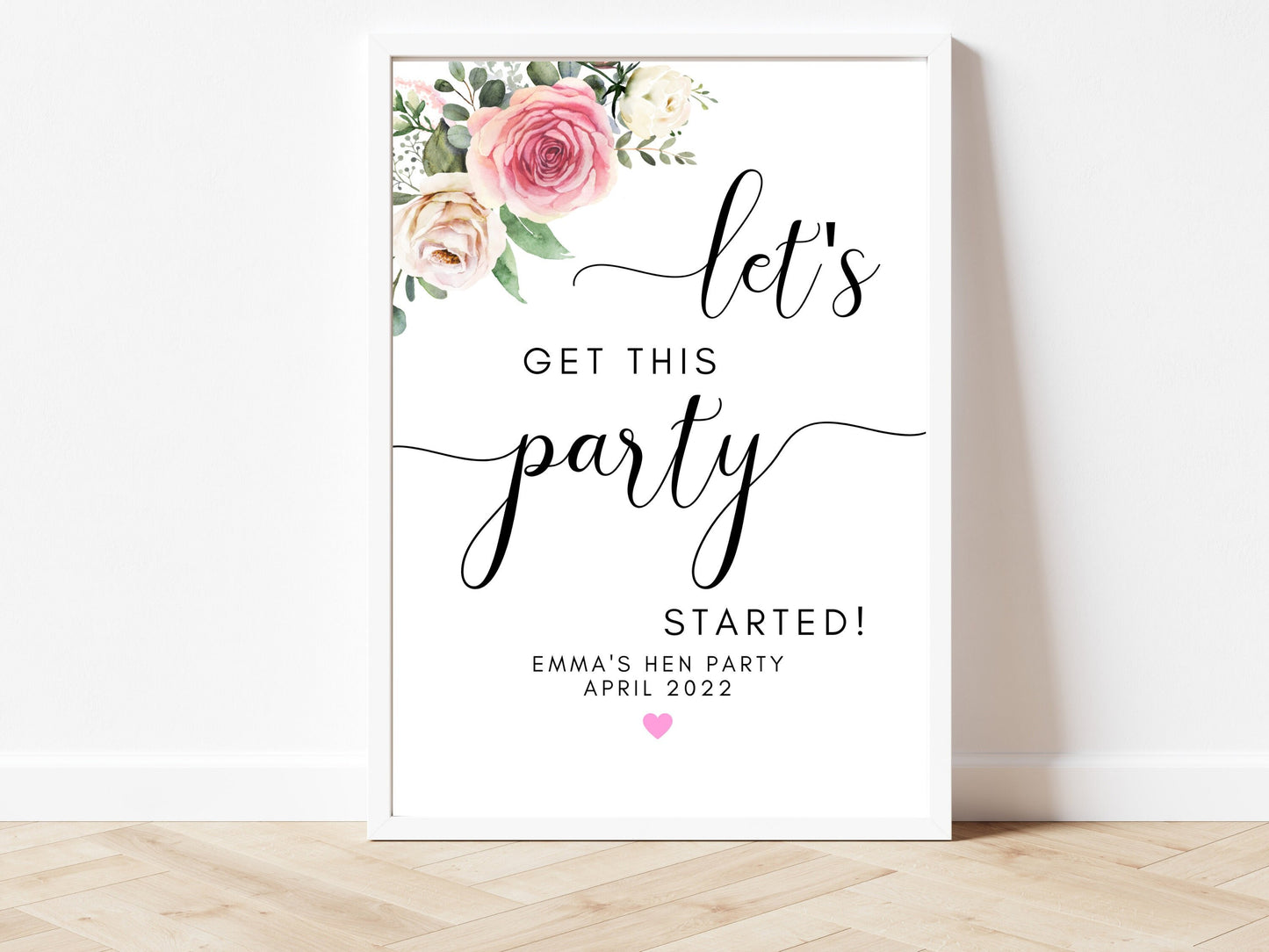 Lets Get This Party Started Sign/ Pink Floral Bridal Shower Heart/ Pink Theme Photo Booth Sign/ Bride to Be Party Sign/ Wedding Hen Do Decor