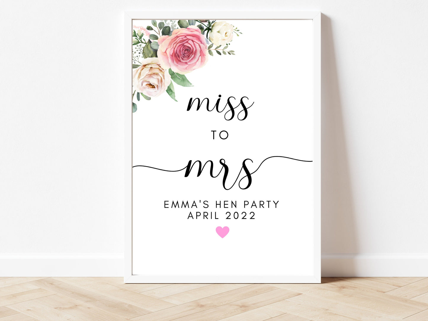 Miss to Mrs Hen Party Sign/ Pink Floral Bridal Shower Heart/ Pink Theme Photo Booth Fun Sign/ Bride to Be Party Sign/ Wedding Hen Do Decor