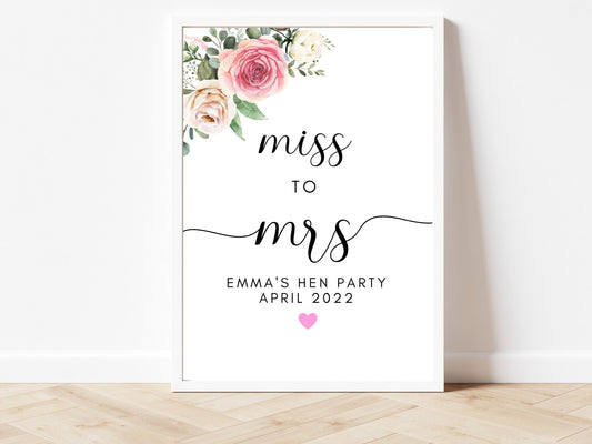 Miss to Mrs Hen Party Sign/ Pink Floral Bridal Shower Heart/ Pink Theme Photo Booth Fun Sign/ Bride to Be Party Sign/ Wedding Hen Do Decor