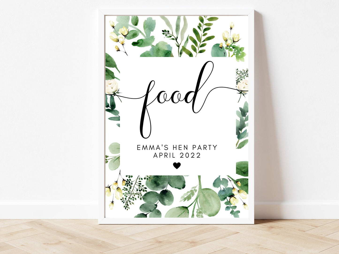 Food Party Sign/ Snacks Sweets Finger Food Hen Party Print Decor/ Eucalyptus Greenery Floral Botanical Minimalist Wedding Venue Signage