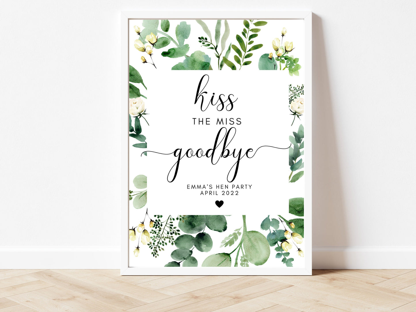 Kiss the Miss Goodbye Sign/ Photo Booth Fun Party Sign/ Social Media/ Eucalyptus Greenery Floral Bride to Be Party Sign/ Hen Do Decor/ AK3