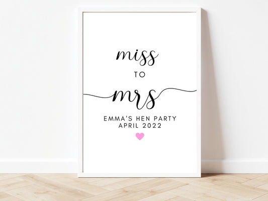 Miss to Mrs Hen Party Sign/ Simple Bridal Shower Heart/ Monochrome Photo Booth Fun Sign/ Bride to Be Party Sign/ Wedding Hen Do Decor