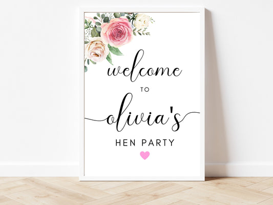 Hen Do Welcome Print/ Pink Floral Bridal Shower Welcome Sign/ Eucalyptus Bridal Party Guest Welcome Sign/ Greenery Bride to Be Party Sign