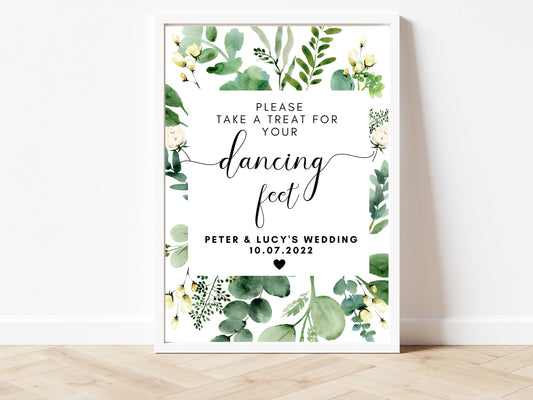 A Little Treat for Your Dancing Feet Sign/ Wedding Reception Venue Music DJ Dancefloor Poster/ Eucalyptus Floral Greenery Party Sign