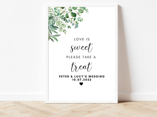 Love is Sweet Please Take a Treat Sign/ Wedding Reception Print/ Eucalyptus Greenery Floral Poster/ Floral Modern Minimalist Party Sign/ AK1