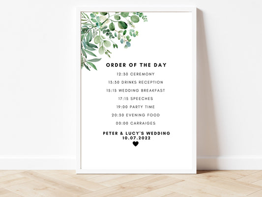 Order of the Day Sign/ Wedding Reception Order of the Day Party Poster/ Eucalyptus Floral Greenery Modern Simple Minimalist Print/ AK1