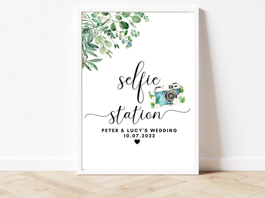 Selfie Station Sign/ Personalised Wedding Reception Photo Booth Print/ Modern Elegant Minimalist Poster/ Eucalyptus Floral Greenery/ AK1