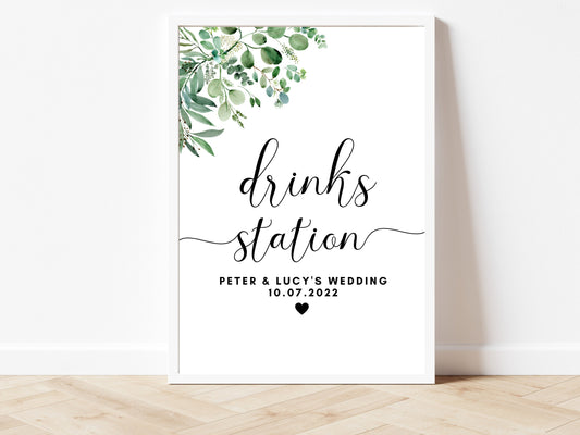 Drinks Station Sign/ Personalised Wedding Reception Poster for Bar/ Modern Simple Minimalist Eucalyptus Floral Greenery Party Sign/ AK1