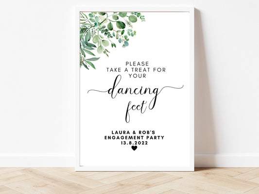 A Little Treat for Your Dancing Feet Sign/ Personalised Flip Flop Dance Floor Poster/ Engagement Party Eucalyptus Floral Greenery Sign/ AK1