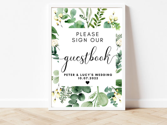 Please Sign our Guestbook Print/ Wedding Reception Guest Activity Sign/ Mr and Mrs Party Welcome/ Eucalyptus Floral Greenery Poster/ AK3