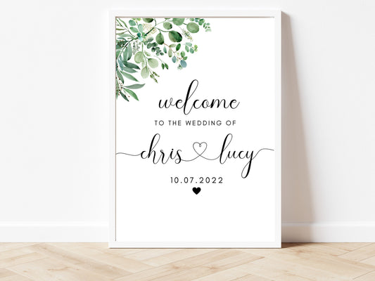 Wedding Welcome Sign/ Personalised Greenery Eucalyptus Reception Print/ Modern Simple Minimalist Guest Poster/ Wedding Party Decor/ AK1