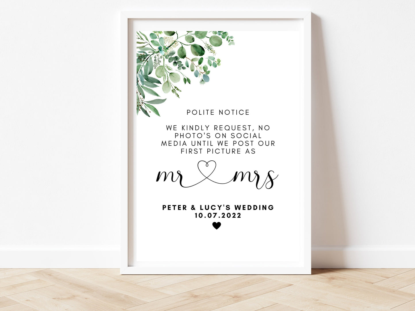 Wedding No Photos Social Media Sign/ Floral Greenery Modern Sophisticated Print/ Eucalyptus Poster/ Minimalist Evening Reception Party/ AK1