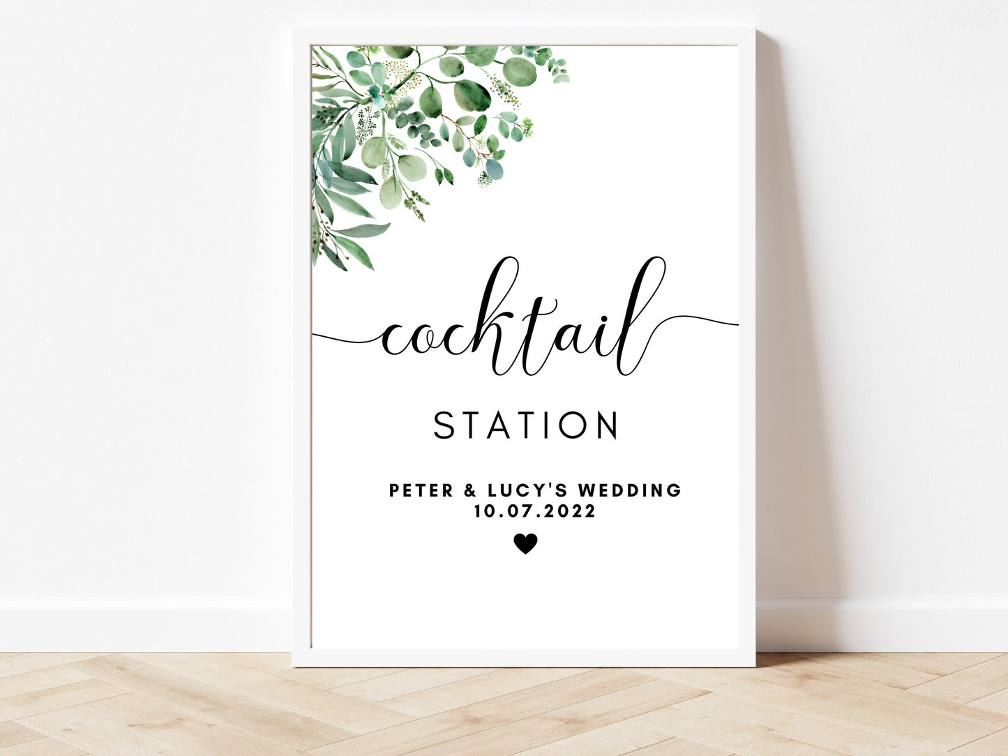 Cocktail Station Sign/ Personalised Wedding Reception Bar Drinks Mocktail Print/ Eucalyptus Floral Greenery Minimalist Party Poster/ AK1