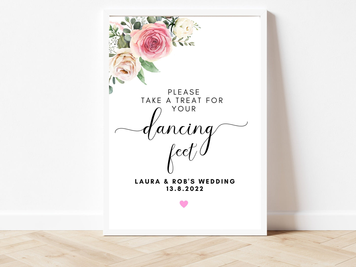 Wedding Dancing Feet Sign/ Pink Floral Please Take a Treat for Your Dancing Feat/ Pink Theme Wedding Sign/ Greenery Print/ Eucalyptus Sign