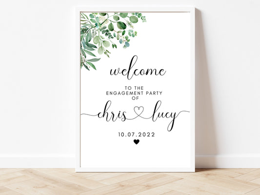 Engagement Party Welcome Sign/ Personalised Lets Celebrate Poster/ Eucalyptus Newly Engaged Couple Print/ Floral Greenery Minimalist/ AK1