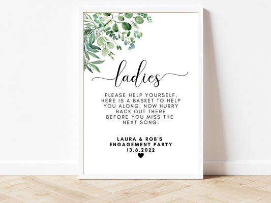 Ladies Bathroom Sign/ Personalised Engagement Party Bathroom Poster/ Newly Engaged Couple Decor/ Eucalyptus Floral Greenery Minimalist/ AK1