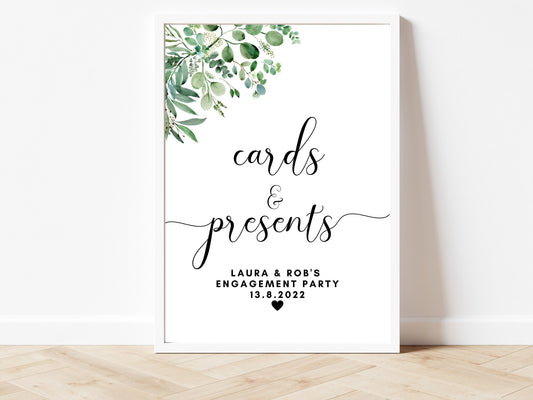 Cards and Presents Sign/ Personalised Engagement Party Gifts Print/ Please Leave Your Gifts Here/ Eucalyptus Floral Greenery Minimalist/ AK1